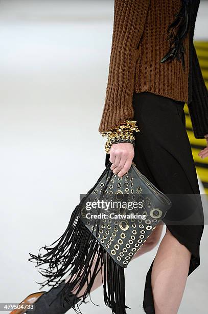 Accessories, a handbag detail on the runway at the Just Cavalli Autumn Winter 2014 fashion show during Milan Fashion Week on February 20, 2014 in...