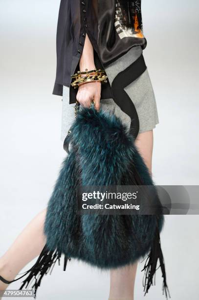 Accessories, a handbag detail on the runway at the Just Cavalli Autumn Winter 2014 fashion show during Milan Fashion Week on February 20, 2014 in...