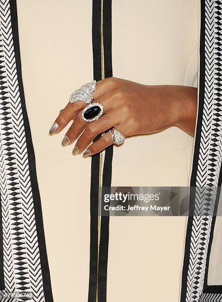 Singer/songwriter Janelle Monae, rings detail, at the 2015 MOCA Gala presented by Louis Vuitton at The Geffen Contemporary at MOCA on May 30, 2015 in...