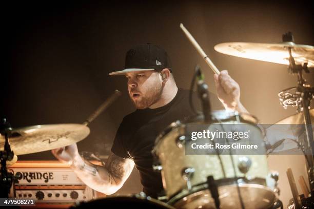 Ben Thatcher of Royal Blood performs on stage for the 2014 NME Awards Tour at O2 Academy on March 18, 2014 in Glasgow, United Kingdom.