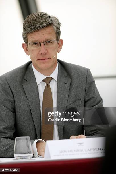 Jan-Henrik Lafrentz, finance chief at Bentley Motors Ltd., pauses during a news conference to announce the company's financial results in London,...