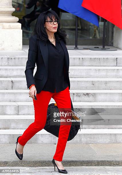 French Junior Minister for French Living Abroad and Francophony, Yamina Benguigui leaves after the weekly cabinet meeting at the Elysee palace on...