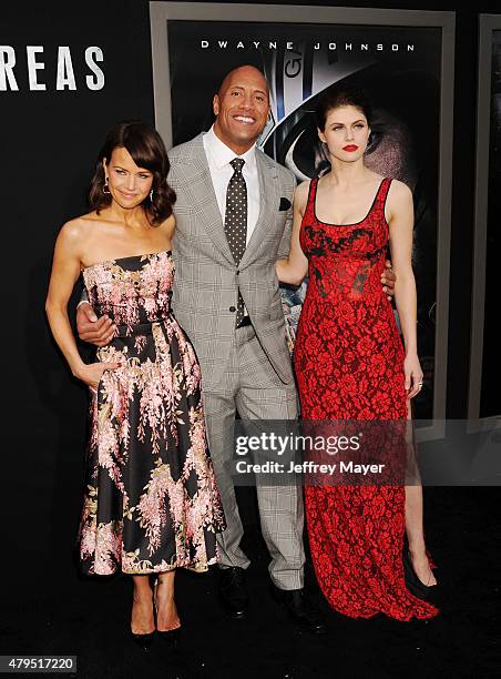 Actors Carla Gugino, Dwayne 'The Rock' Johnson and Alexandra Daddario arrive at the 'San Andreas' - Los Angeles Premiere at TCL Chinese Theatre IMAX...