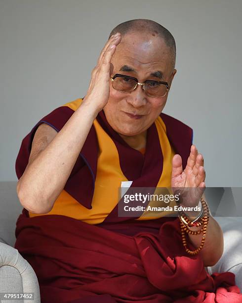 His Holiness The 14th Dalai Lama speaks onstage at the Peak Mind Foundation's celebration at Rancho Las Lomas on July 4, 2015 in Silverado Canyon,...