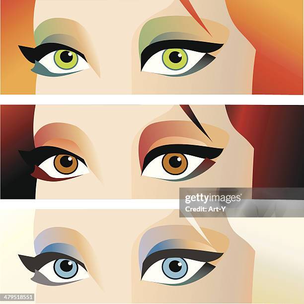 ilustraciones, imágenes clip art, dibujos animados e iconos de stock de los ojos en verde, marrón y azul. - maquillaje para ojos