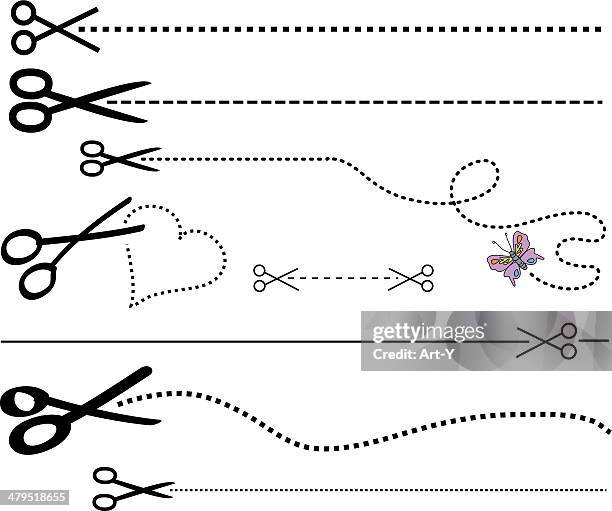 ilustraciones, imágenes clip art, dibujos animados e iconos de stock de tijeras y líneas - línea de puntos