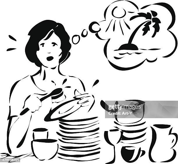 housewife - daydreaming - washing dishes vector stock illustrations