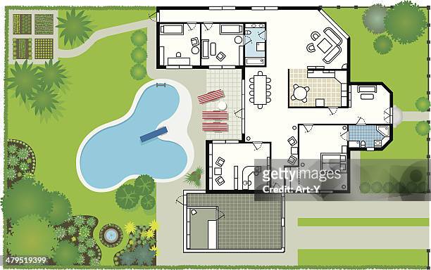 stockillustraties, clipart, cartoons en iconen met dream house - blueprint (vector & jpg) - villa