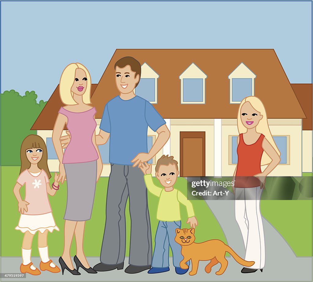 Retrato de familia pie fuera de casa, tres niños y gato