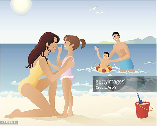 family spending time playing on beach and in water - mother and child in water at beach stock illustrations