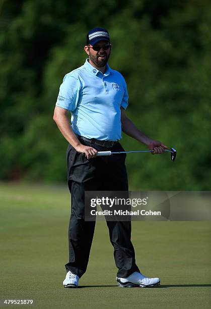Edward Loar reacts to his putt during the first round of the Puerto Rico Open presented by seepuertorico.com held at Trump International Golf Club on...