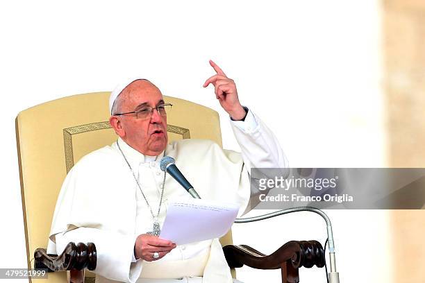 Pope Francis speaks during his weekly audience in St. Peter's Square on March 19, 2014 in Vatican City, Vatican. Pope Francis celebrated the Feast of...