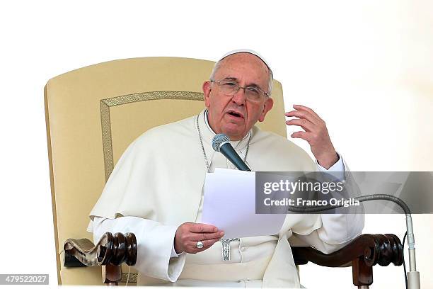 Pope Francis speaks during his weekly audience in St. Peter's Square on March 19, 2014 in Vatican City, Vatican. Pope Francis celebrated the Feast of...