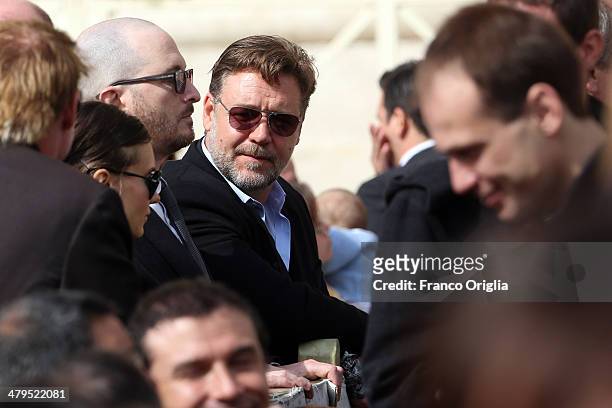 Actor Russell Crowe attends Pope Francis' weekly audience in St. Peter's Square on March 19, 2014 in Vatican City, Vatican. Pope Francis celebrated...