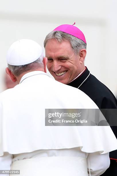 Pope Francis and Prefect of the Pontifical House and former personal secretary of Pope Benedict XVI, Georg Ganswein, attend the weekly audience in...