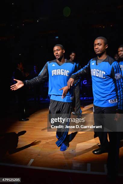 Doron Lamb and Maurice Harkless of the Orlando Magic prepare before the game against the Philadelphia 76ers at the Wells Fargo Center on February 26,...