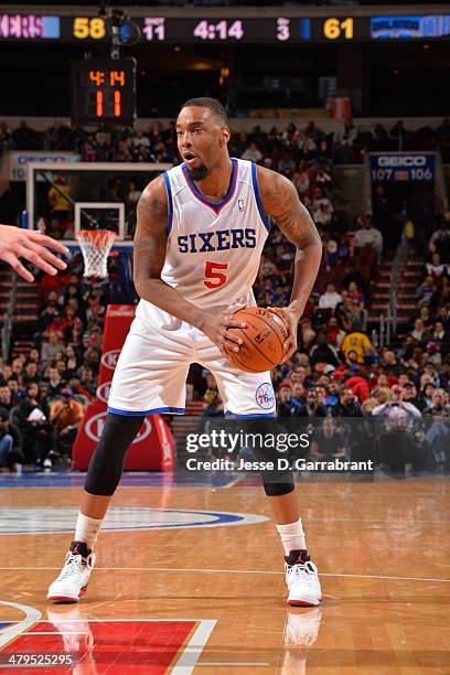 Arnett Moultrie of the Philadelphia 76ers looks to make a play during the game against the Orlando Magic at the Wells Fargo Center on February 26,...