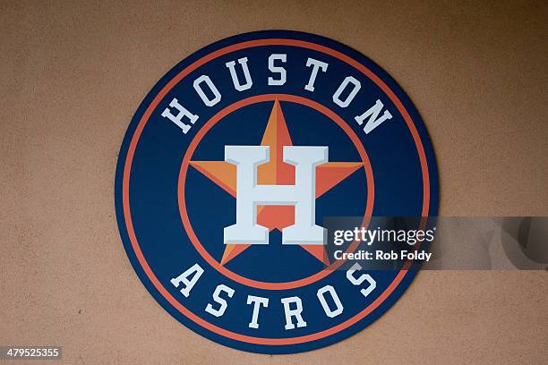 Houston Astros logo at the stadium during the spring training game against the Washington Nationals at Osceola County Stadium on March 12, 2014 in...