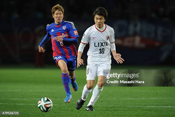 Masashi Motoyama of Kashima Antlers in action during the J.League Yamazaki Nabisco Cup match between FC Tokyo vs. Kashima Antlers at Ajinomoto...