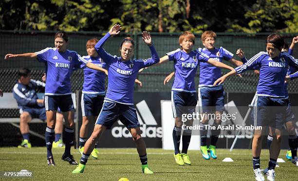 Japanese players warm up during a training session on July 3, 2015 in Vancouver, Canada.