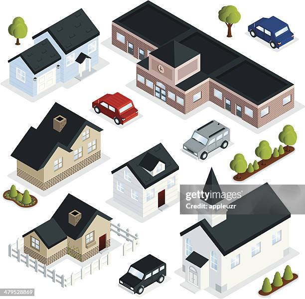 community buildings - isometric town stock illustrations