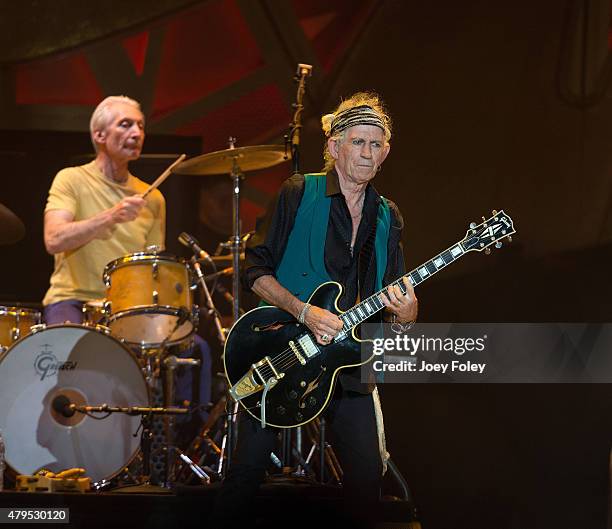 Charlie Watts and Keith Richards of The Rolling Stones performs live onstage at The Indianapolis Motor Speedway on July 4, 2015 in Indianapolis,...