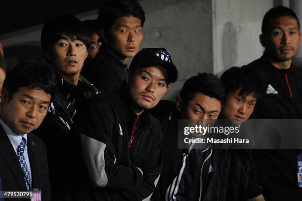 Keigo Higashi ,Hideto Takahashi , Yohei Kajiyama of FC Tokyo look on after the J.League Yamazaki Nabisco Cup match between FC Tokyo vs. Kashima...