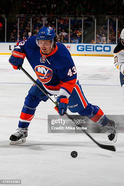 Mike Halmo of the New York Islanders skates against the Buffalo Sabresat Nassau Veterans Memorial Coliseum on March 15, 2014 in Uniondale, New York....