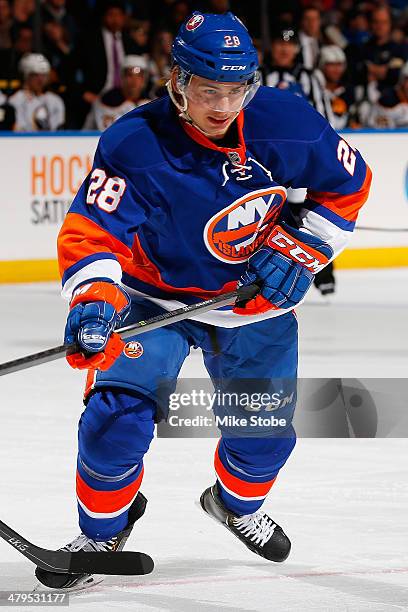 Johan Sundstrom of the New York Islanders skates against the Buffalo Sabresat Nassau Veterans Memorial Coliseum on March 15, 2014 in Uniondale, New...