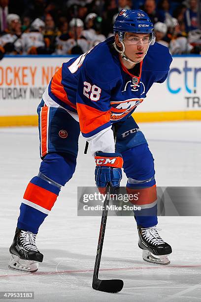 Johan Sundstrom of the New York Islanders skates against the Buffalo Sabresat Nassau Veterans Memorial Coliseum on March 15, 2014 in Uniondale, New...