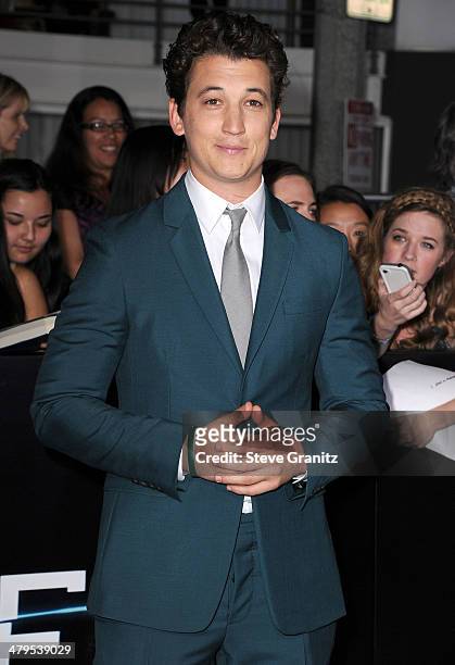 Miles Teller arrives at the "Divergent" - Los Angeles Premiere at Regency Bruin Theatre on March 18, 2014 in Los Angeles, California.