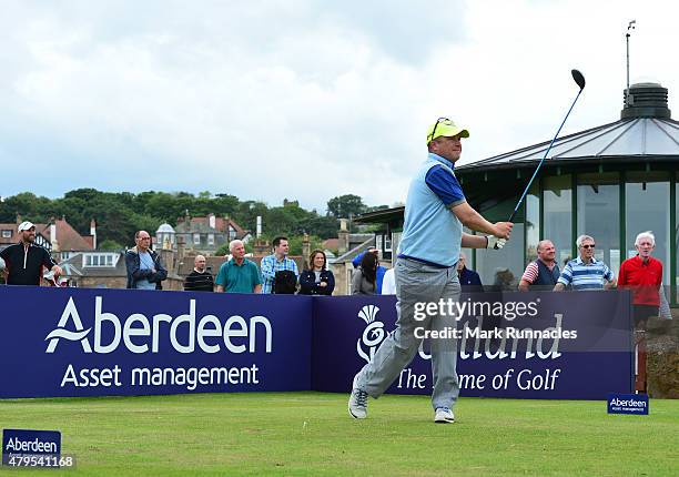 Greig Hutcheon of Paul Lawrie Golf Centre in action on the first tee during the second day of the AAM Scottish Open Qualifier at North Berwick Golf...