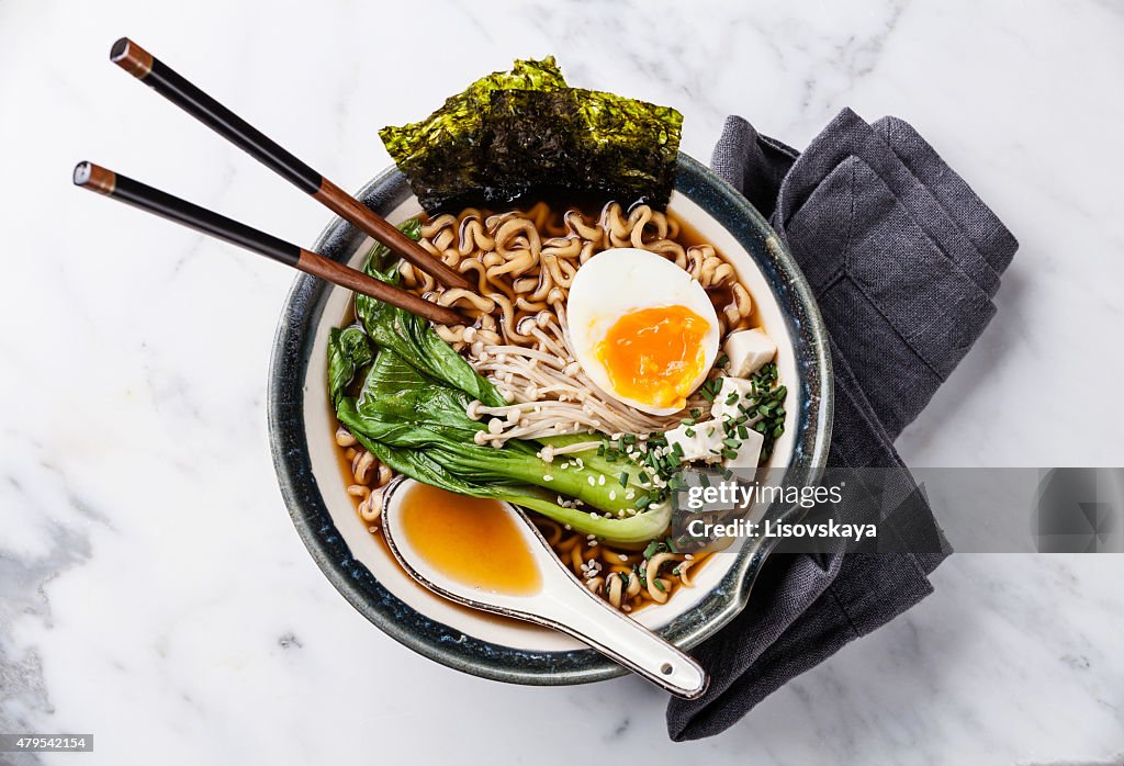 Miso Ramen noodles with egg, enoki and pak choi