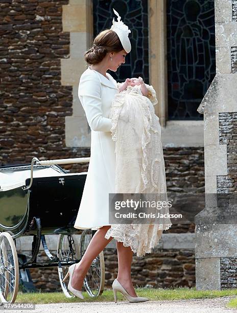 Catherine, Duchess of Cambridge and Princess Charlotte of Cambridge arrive at the Church of St Mary Magdalene on the Sandringham Estate for the...