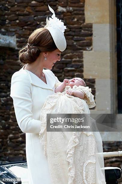 Catherine, Duchess of Cambridge and Princess Charlotte of Cambridge arrive at the Church of St Mary Magdalene on the Sandringham Estate for the...