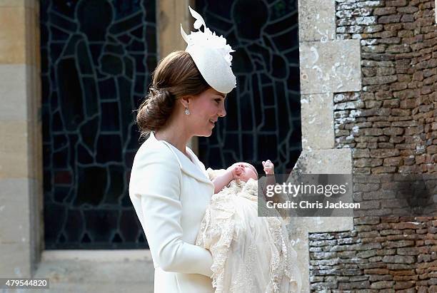 Catherine, Duchess of Cambridge and Princess Charlotte of Cambridge arrive at the Church of St Mary Magdalene on the Sandringham Estate for the...