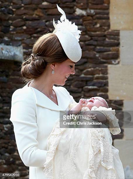 Catherine, Duchess of Cambridge and Princess Charlotte of Cambridge arrive at the Church of St Mary Magdalene on the Sandringham Estate for the...