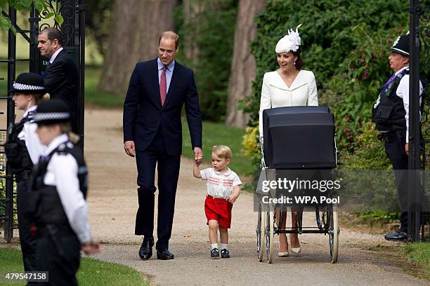 Catherine, Duchess of Cambridge, Prince William, Duke of Cambridge, Princess Charlotte of Cambridge and Prince George of Cambridge arrive at the...