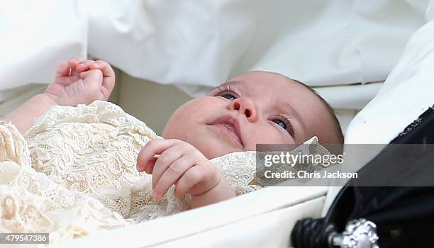 Princess Charlotte of Cambridge is pushed in her silver cross pram as she leaves the Church of St Mary Magdalene on the Sandringham Estate after her...