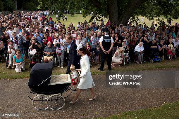 Catherine, Duchess of Cambridge, Prince William, Duke of Cambridge, Princess Charlotte of Cambridge and Prince George of Cambridge arrive at the...