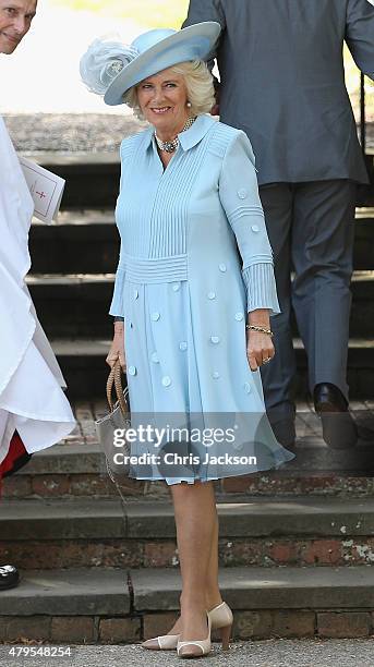Camilla, Duchess of Cornwall arrives at the Church of St Mary Magdalene on the Sandringham Estate for the Christening of Princess Charlotte of...