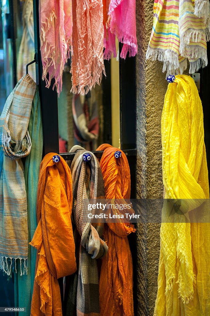 Silk shawls for sale at the 15th century Ottoman built Koza...