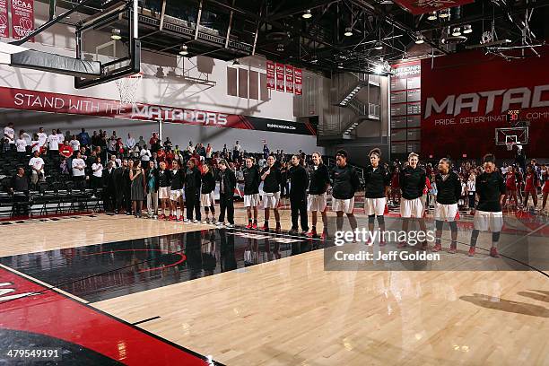 The Cal State Northridge Matadors stand for the National Anthem before the game against the UC Riverside Highlanders at The Matadome on March 1, 2014...