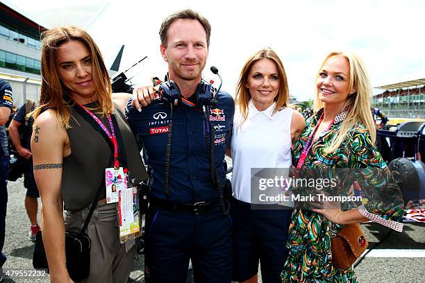 Melanie Chisholm, Infiniti Red Bull Racing Team Principal Christian Horner, Geri Horner and Emma Bunton pose on the grid before the Formula One Grand...