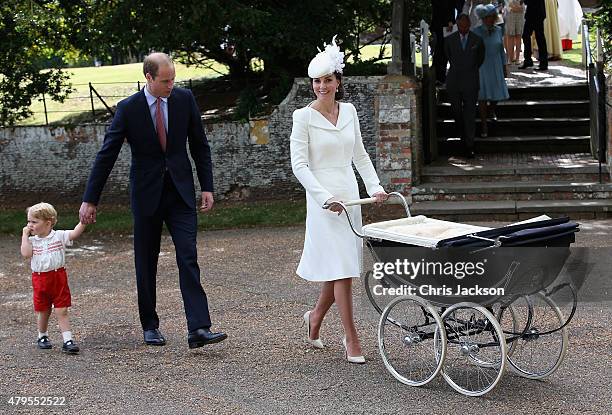 Catherine, Duchess of Cambridge, Prince William, Duke of Cambridge, Princess Charlotte of Cambridge and Prince George of Cambridge leave the Church...