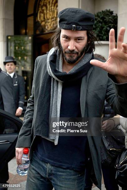 Actor Keanu Reeves leaves his hotel on March 19, 2014 in Paris, France.