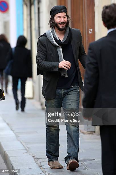 Actor Keanu Reeves strolling in "le Marais" district on March 19, 2014 in Paris, France.