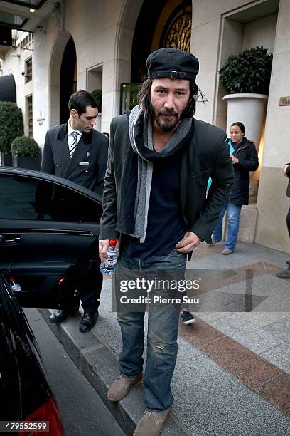 Actor Keanu Reeves leaves his hotel on March 19, 2014 in Paris, France.