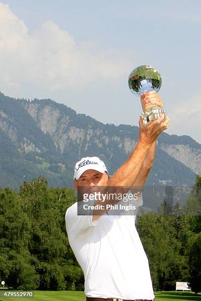 Gordon Manson of Austria poses with the trophy after the final round of the Swiss Seniors Open played at Golf Club Bad Ragaz on July 5, 2015 in Bad...