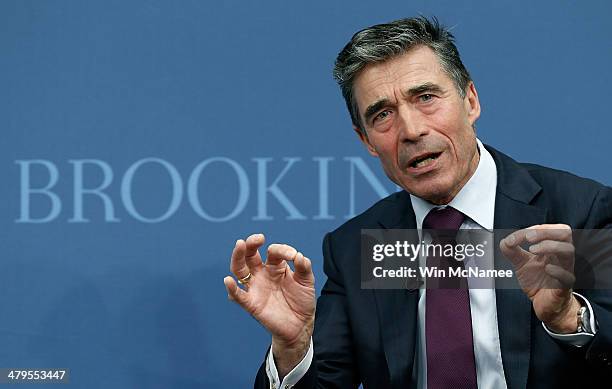 Secretary General Anders Fogh Rasmussen, former prime minister of Denmark, speaks at the Brookings Institution March 19, 2014 in Washington, DC....